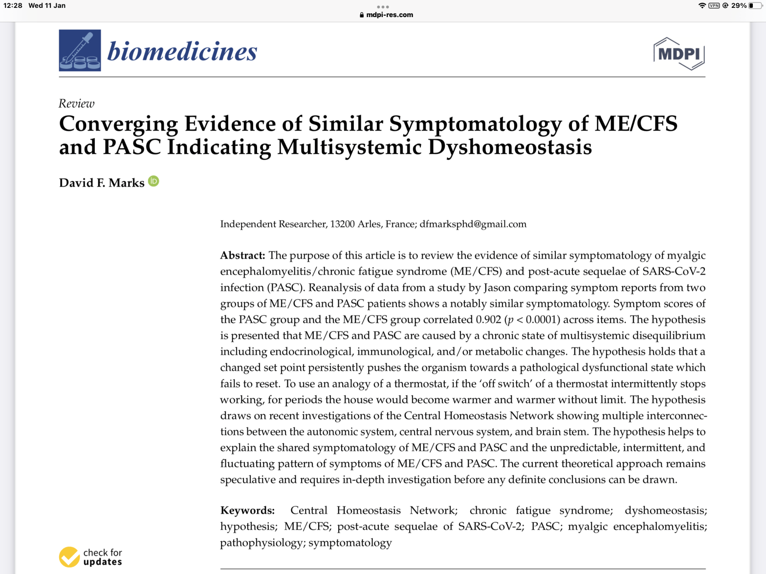 ‘Converging Evidence of Similar Symptomatology of ME/CFS and PASC Indicating Multisystemic Dyshomeostasis’